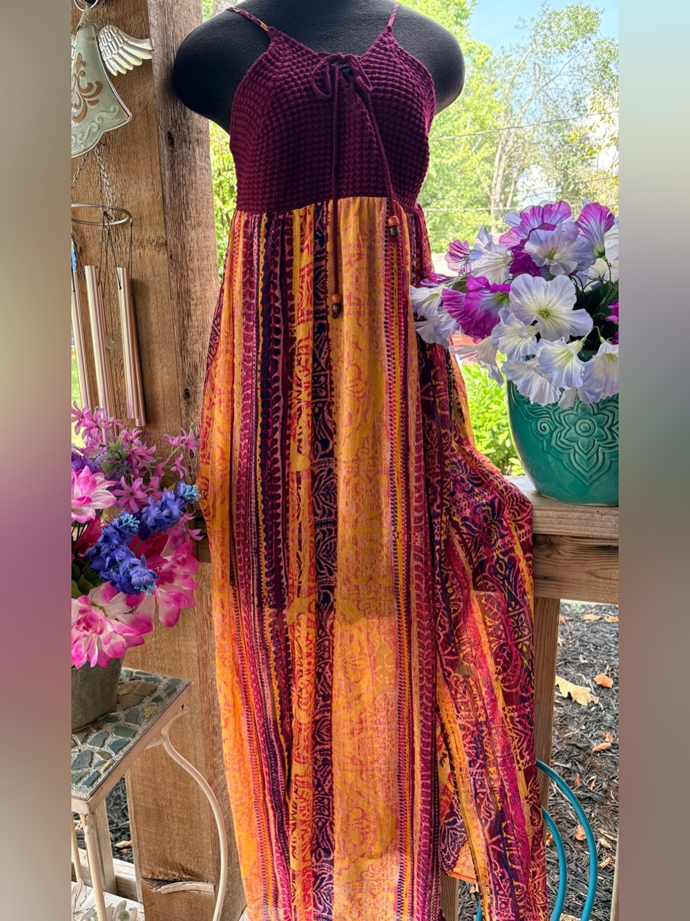 Xhilaration Maxi Dress Crochet Top w Ties & Chiffon Skirt w Side Slits NWOT